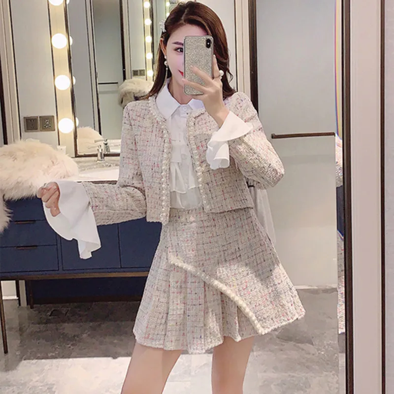

Suit Women Autumn Outfit Three Piece Sets 2019 New Lady's Chiffon Blouse + Pearl Bead Tweed Jacket + Wool Skirts