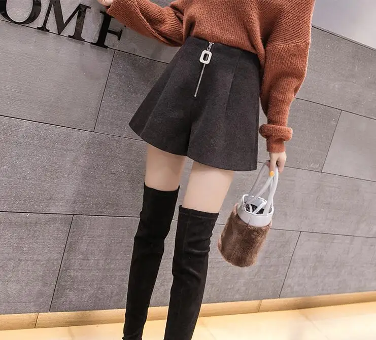 Wool Blend Winter Shorts Womens Korean Fashion Zipper High Waist Wide Leg Shorts Casual Woolen Boot Shorts Femme Streetwear - Цвет: Темно-серый