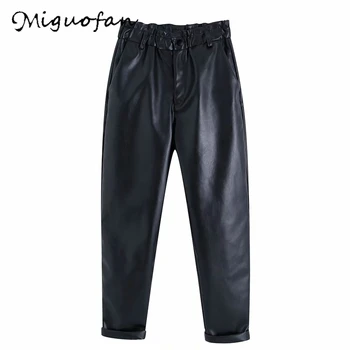 

Miguofan Faux Leather PU pants Women Trousers Elastic High Waist Jegging Ladies Loose Trousers Pocket Zipper Pants for female