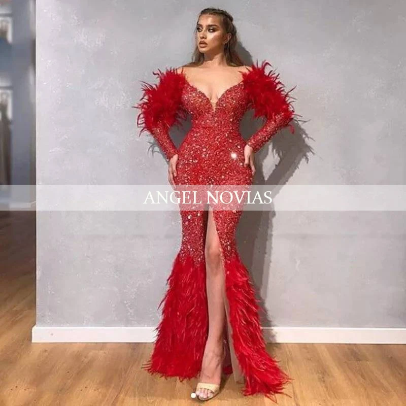 

Long Sleeves Red Mermaid Evening Dress 2020 Glitter Sequins V Neckline Feather Prom Gowns with Split Abendkleider