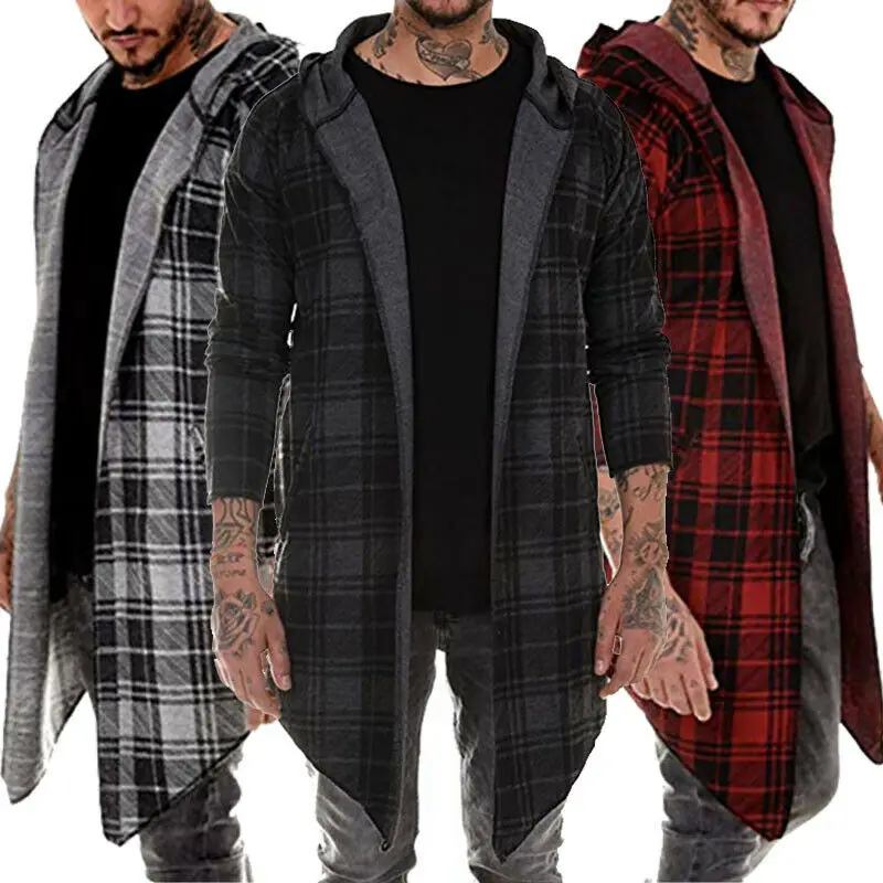 

Stylish Men Hoodie Warm Hooded Tops Plaid Open Stitch Coat Jacket Casual Outwear Overcoat Trench