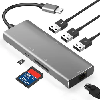 

Type C HUB to RJ45 Multi USB 3.0 Power Adapter For MacBook Pro Air Dock 6 in 1 USB-C USB HUB Splitter Hub Computer Accessories