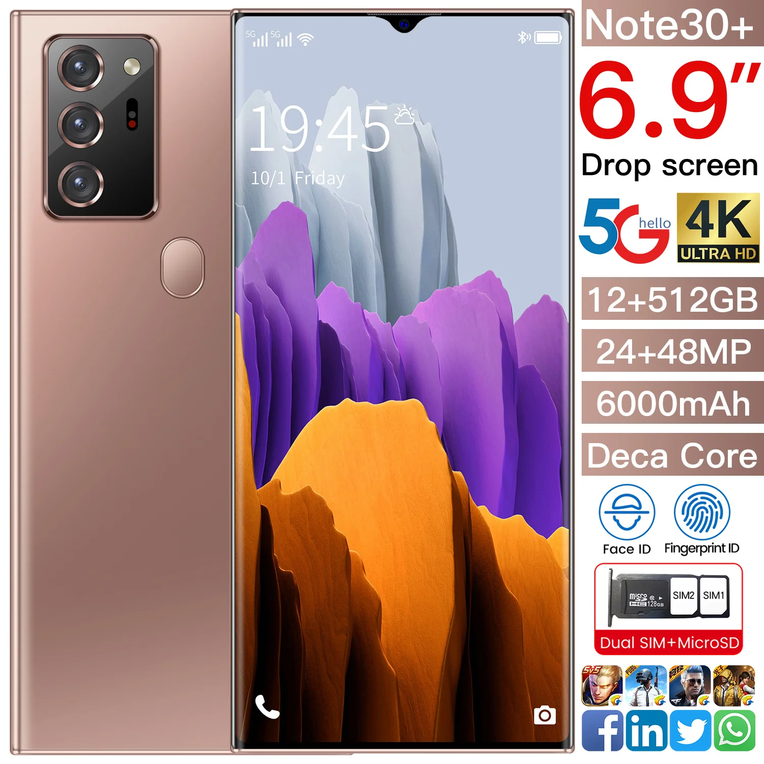 2021 más nuevo 6,9 Galax Note30 + teléfono móvil Snapdragon 865 Android 10,0 12GB + 512GB 6000mAh de huellas dactilares de desbloqueo Teléfono Móvil Inteligente