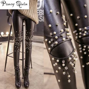 

Plus velvet thickening Leather leggings women Sequins tide punk leather pants leggings Rivets punk hip slim leather Pants women