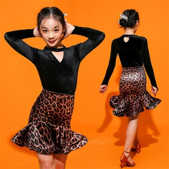 

110-180Latin Dance Dress Kids Adult Salsa/Ballroom/Tango/Cha Baby Girl Leopard Vestidos Solid Women Full Prefessional Costume