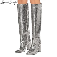 Модные женские высокие сапоги со змеиным принтом; кожаные сапоги на высоком каблуке; женские сапоги до колена в западном стиле; botas Mujer; обувь для выпускного бала с тиснением; большие размеры