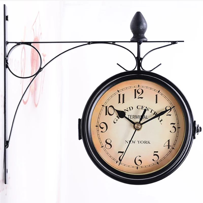 Double Sided Round Wall Mount Station Clock Garden Vintage Retro Home Decor Metal Frame+ Glass Dial Cover