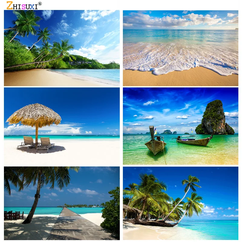 

Summer Tropical Sea Beach Palms Tree Photography Background Natural Scenic Photo Backdrops Photo Studio Props 2133 HHB-01