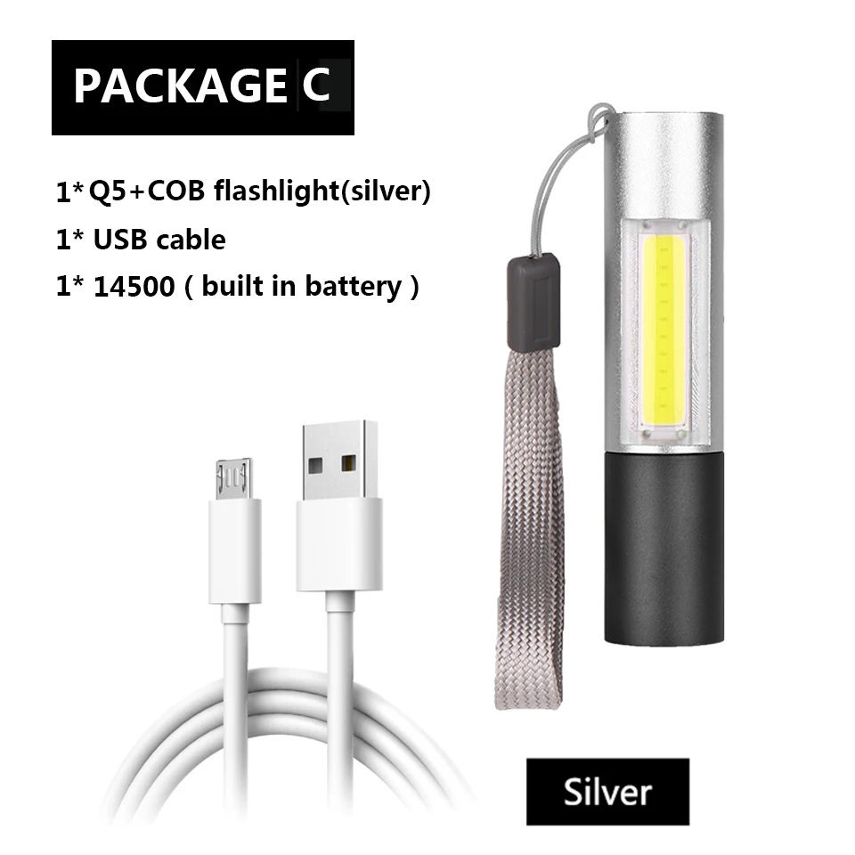 1463 COB-Silver body Выдвижной зум мобильный Мощный мини светодиодный фонарик usb зарядка 3 режима освещения водонепроницаемый фонарик стильный портативный набор для Ni - Испускаемый цвет: 1463 COB-Silver body