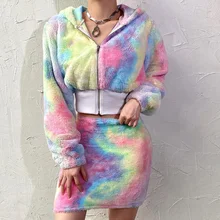 Two Piece Sets Women Korean Autumn Hooded Rainbow Teddy Cozy Furry Short Coat and Mini Skirt Causal Suit Harajuku Streetwear Two Piece Sets Women Korean Autumn Hooded Rainbow Teddy Cozy Furry Short Coat and Mini Skirt Causal Suit Harajuku Streetwear