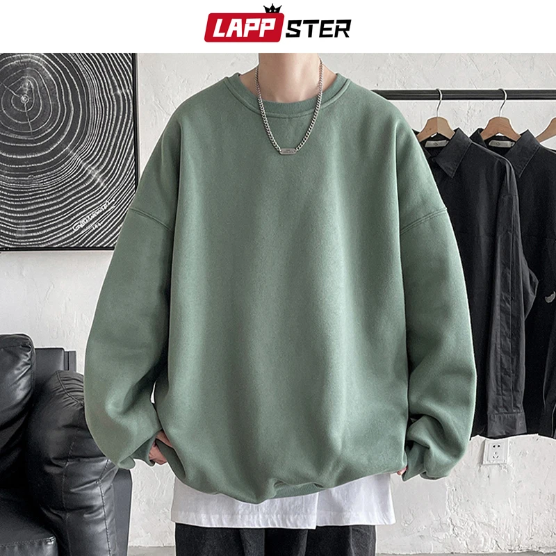 LAPPSTER 남성용 컬러풀 블랙 솔리드 후드, 오버사이즈 일본 스트리트웨어 스웻셔츠, 하라주쿠 크루넥 후디, 5XL, 2023