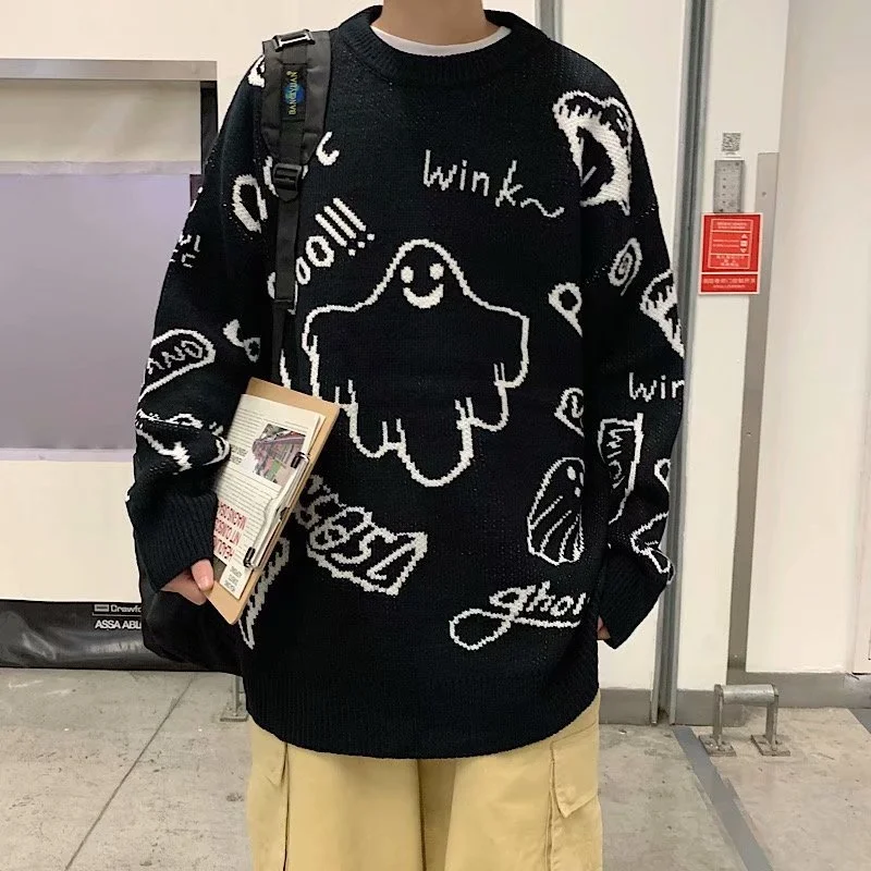 Zazomde Gothic Ghost Pattern Sweater Men Knit Top Loose Long Sleeves Warm Sweater Autumn Winter