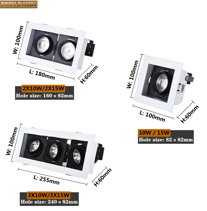 밝기 조절 가능한 LED 다운 라이트, COB 스포트 라이트, 사각형 LED 스카이 라이트, AC85-265V 내장 인테리어 조명, 10W15W20W30W45W