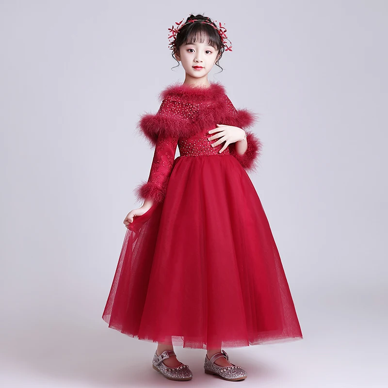 Вечерние платья принцессы для девочек на осень и зиму красное платье с цветочным узором для девочек 12 лет prinsessenjurken meisjes - Цвет: Красный