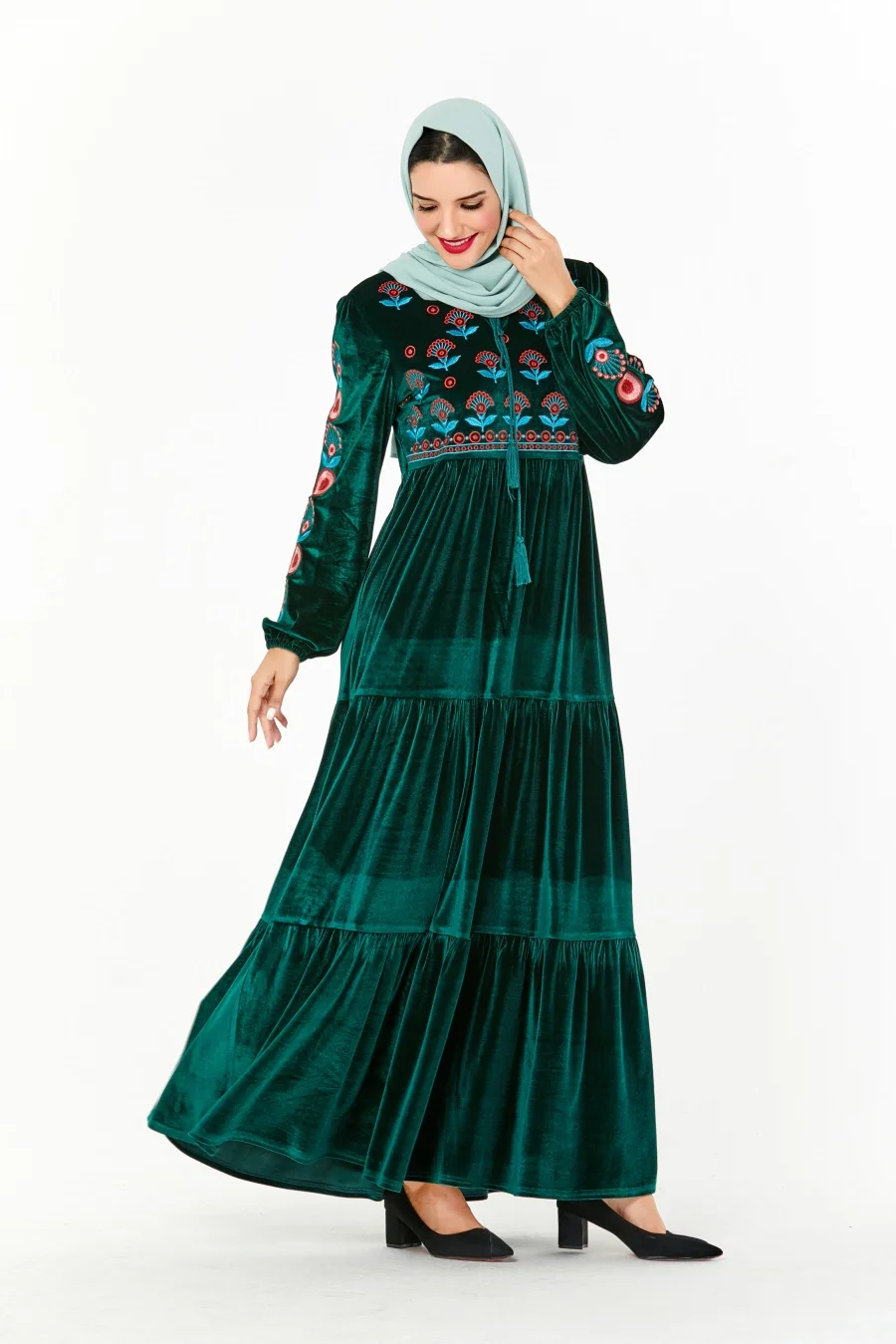 Siskakia вельветовое длинное платье с вышивкой элегантное женское модное Плиссированное лоскутное Драпированное Платье макси с длинным рукавом мусульманская одежда