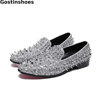 

Fashion Men Rivets Shoes Genuine Leather White Color Men Casual Leather Shoes Pointed Toe Slip On Lazy Leisure Shoes Daily Wear