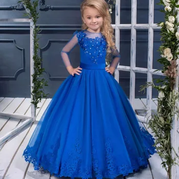 

Custom Made Royal Blue Flower Girl Dresses Long Sleeves Lace Appliqued Girls Pageant Dresses Holy Communion Dresses
