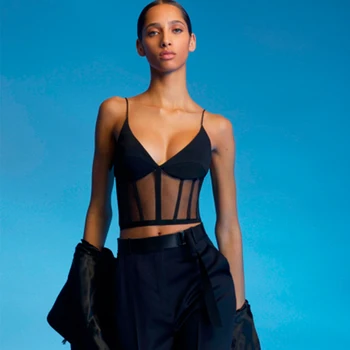 

Solid Corset Lace Camis Tops For Women Soft Black V-Neck Tops Hollow Lace Mesh Camisoles Adjustable Shoulder Strap Female 2020