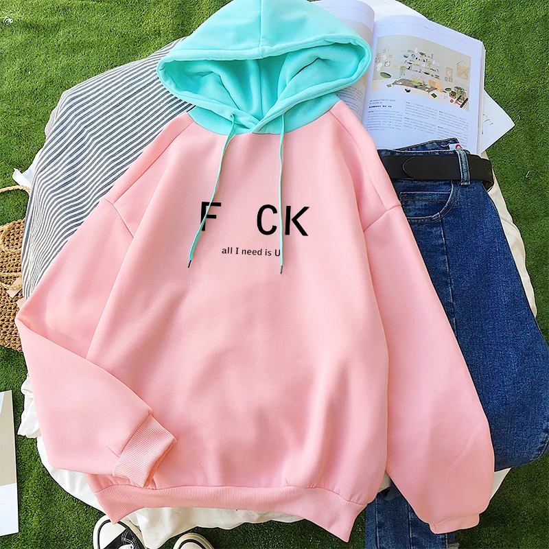 F CK all i need is U принт забавные буквы толстовки женские Харадзюку повседневные флисовые капли плеча контрастная цветная Лоскутная Толстовка