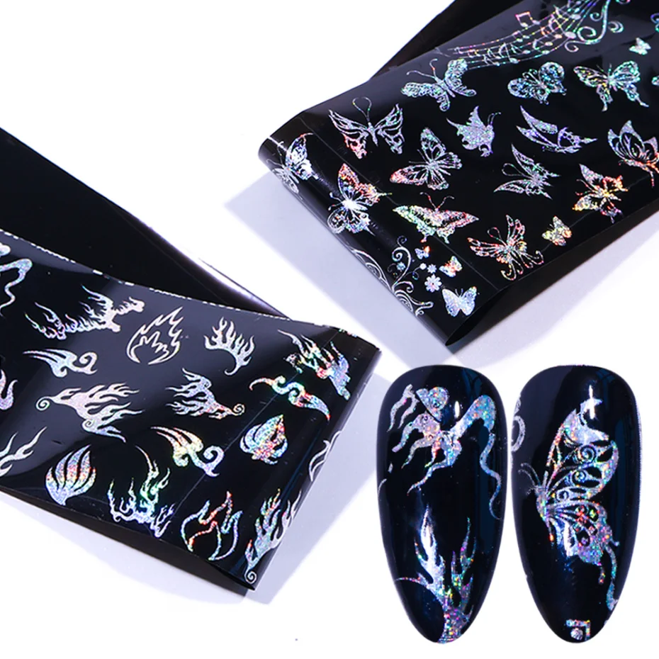 10 шт рождественские украшения на голографические наклейки для ногтей Лазерная пленка для ногтей наклейки снежинки бабочка пламя наклейки для ногтей LA9018
