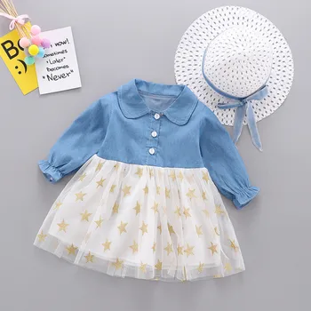 

1PC Flower Girls Autumn Winter Denim Splice Dresses Cute Infant Baby Girl Long Sleeve Tutu Ball Gown Girls Dress +Hat Outfits