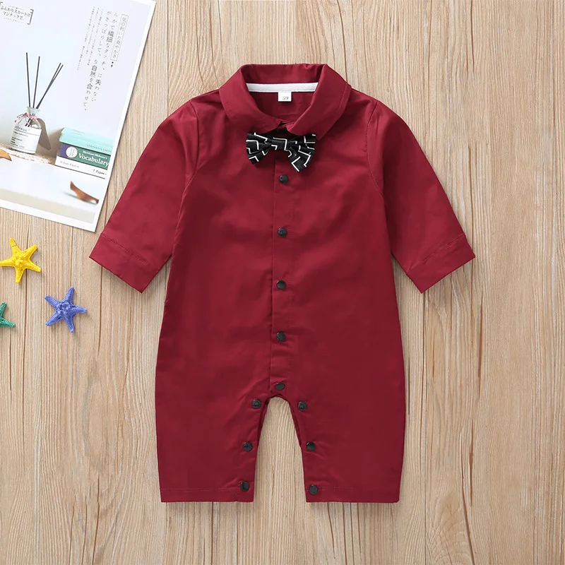 

Spring Europe And America Infant Male Baby Fold-down Collar Onesie Cotton Long Sleeve Crawling Clothes out Clothes
