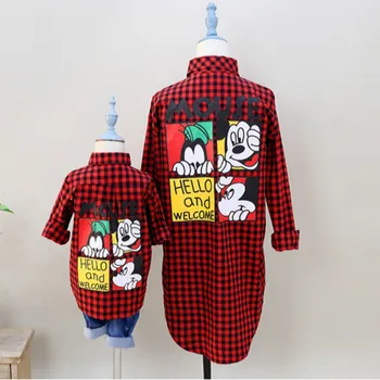 

Matching Clothes Long Sleeved Shirt Cartoon Mouse Mother Daughter Mum Son Outfits Kids Red Plaid Clothing for Children Outwear
