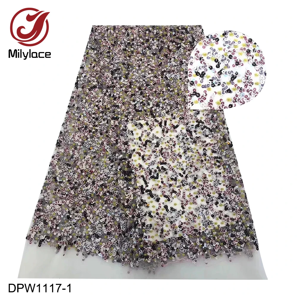 

2019 Latest African Nigerian Tulle Lace Fabric Newest Design French 3D Sequins Embroidered Lace Fabrics DPW1117