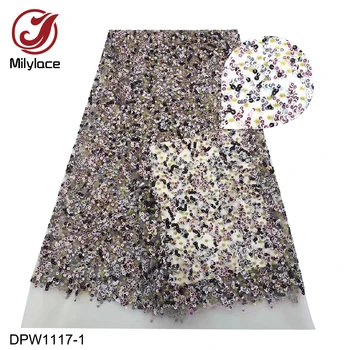 

2019 Latest African Nigerian Tulle Lace Fabric Newest Design French 3D Sequins Embroidered Lace Fabrics DPW1117