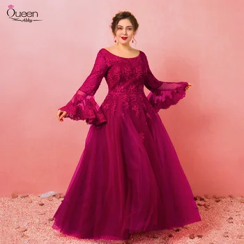 

Plus Size Evening Dress Elegant Long Poet Sleeves Appliques Lace Tulle Dress Lace-up Backless Dress