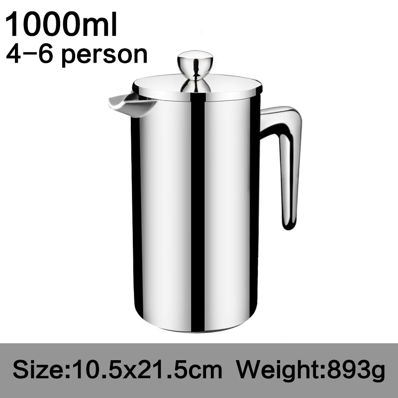 1000ml Стиль, нержавеющая сталь, французский пресс, кофейные перколяторы, Кофеварка, Лучшие двойные стенки, кофейник, дающий один фильтр, корзина - Цвет: 1000ml