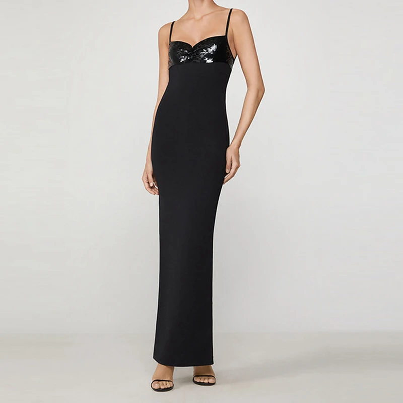 Black Spaghetti Strap Sheath Dress For Women New Fashion Sleeveless Sequined Split Dresses Knitted Long Dress Party Clubwear