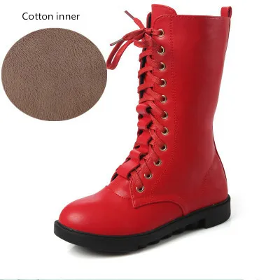 Red cotton inner Тонкие ботинки для девочек; Детские Ботинки martin из натуральной кожи с высоким берцем; зимние ботинки на молнии сбоку; теплые хлопковые ботинки; обувь для родителей и детей - Color: Red cotton inner