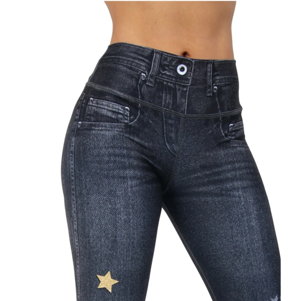 Calça legging feminina skinny stretch estampa jeans,