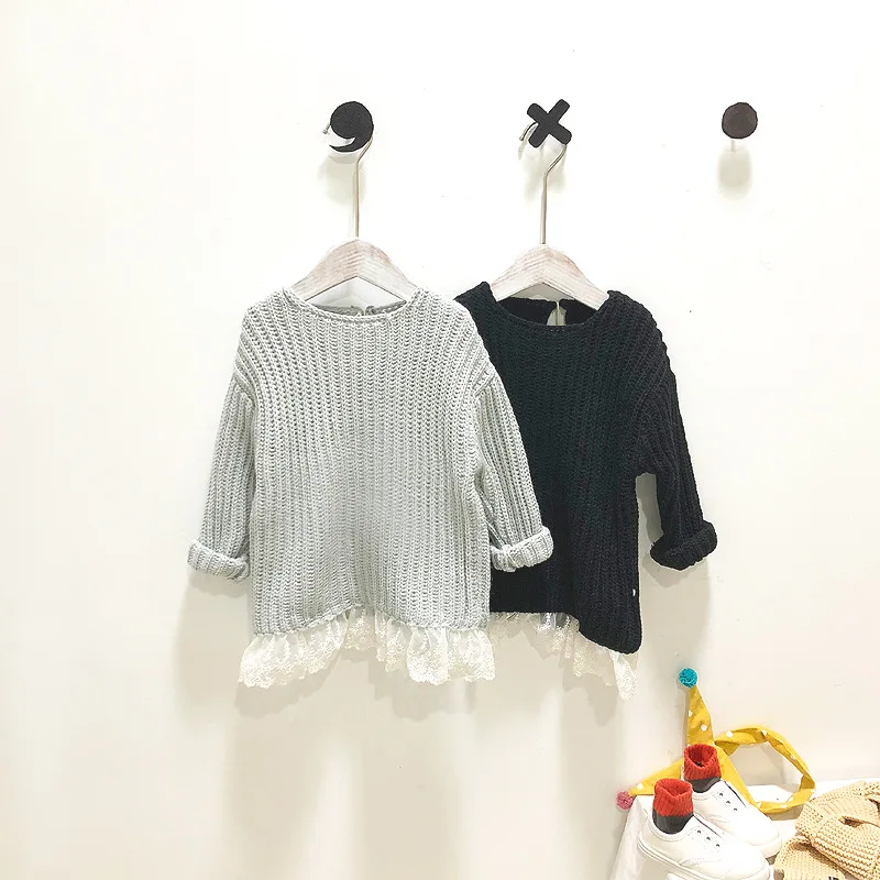 

Girl'S Sweater 2019 Autumn Childrenswear Crew Neck Sweater Medium-small Baby GIRL'S Lace Joint Solid Color Chunky Knitted Jacket