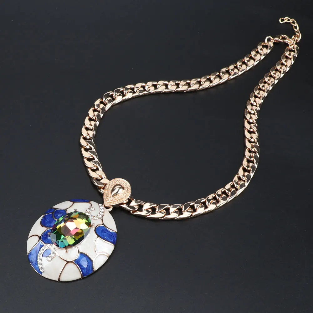 Модный Голубой кристаллический кулон ожерелье набор эмалированные Ювелирные наборы золотой цвет цепи ожерелье серьги наборы для женщин подарок для девочек