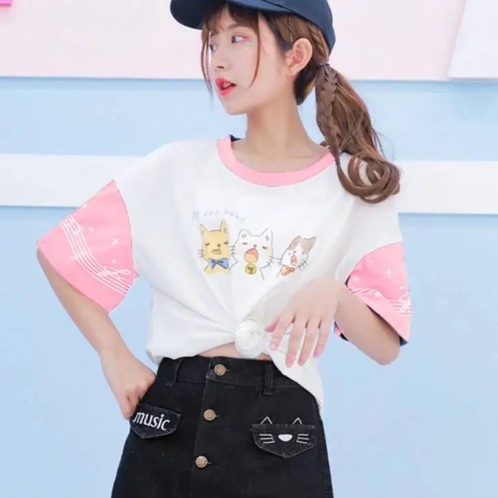 T-shirt 01 Новая футболка с короткими рукавами в японском стиле Харадзюку женская летняя Корейская версия свободного милого кота студенческого стиля BF Harajuku - Цвет: T-shirt 01