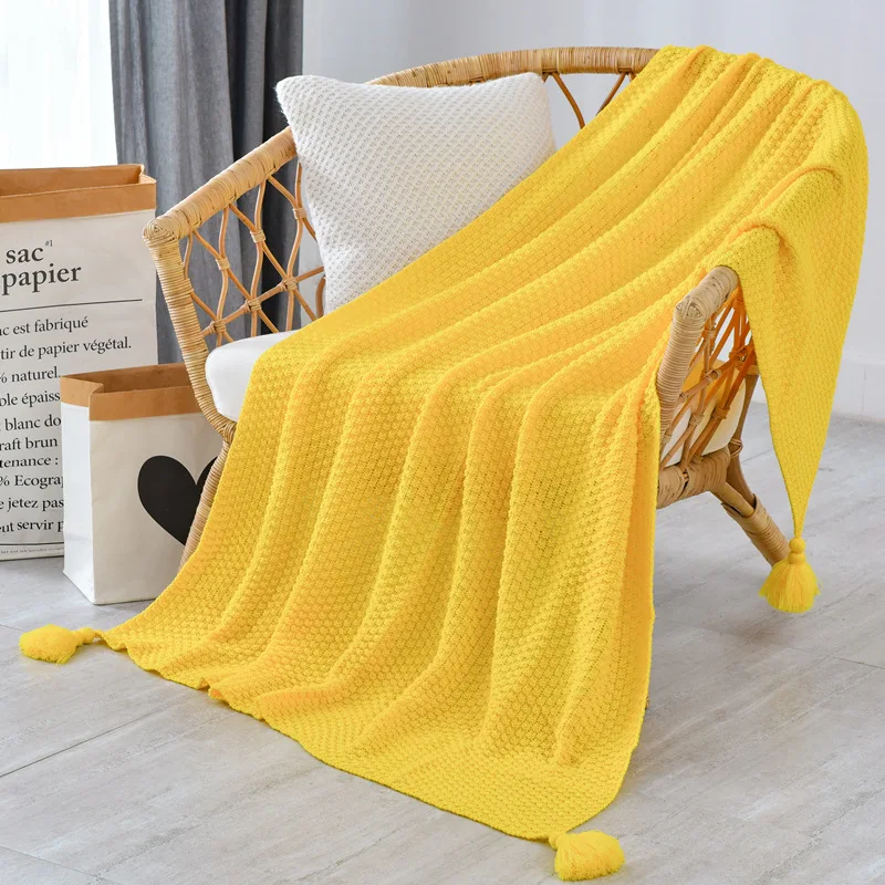 Одеяло с кисточками, однотонное бежевое серое кофейное покрывало для кровати, дивана, домашний текстиль, модная накидка, 130x170 см, вязаный ковер - Цвет: Yellow