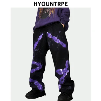 

Fashion Chain Printed Pants Mens Hip Hop Straight Pant New Casual Drawstring Loose Fit Pants Swag High Streetwear Male Trousers