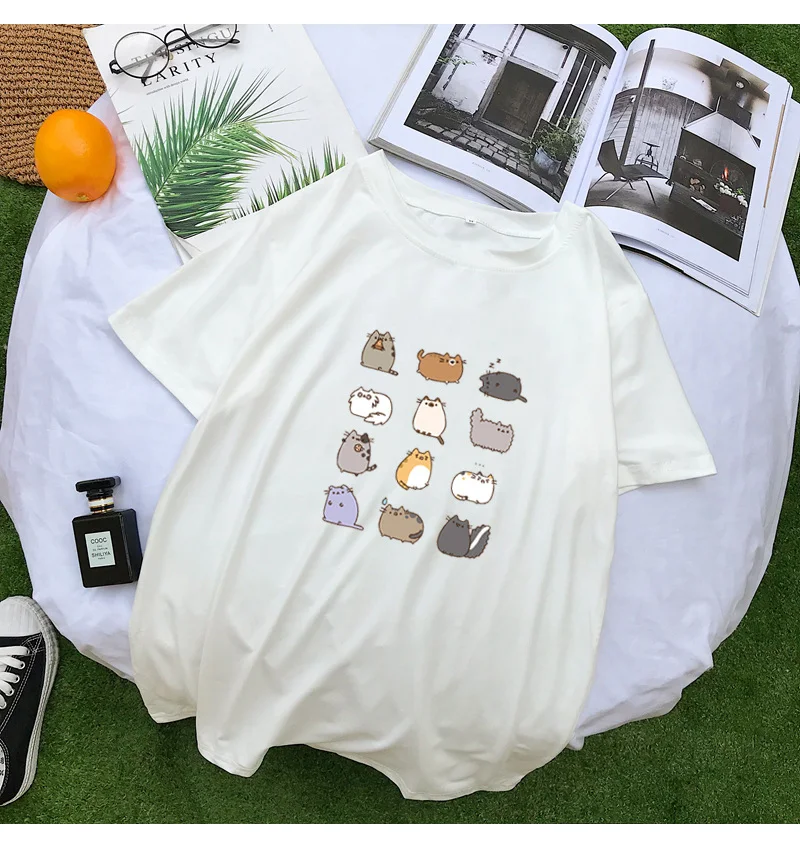 Best Friends T Shirt Women Summer Short Sleeve Loose Kawaii Cartoon Dante Cat Tee Shirt Femme Streetwear Casual Harajuku Clothes (7)