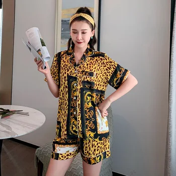 

FZSLCYIYI Summer New Satin Women Pajama Set Long Sleeve Suit Thin Section Leopard Print Short Sleeve Shorts Fashion Pajamas