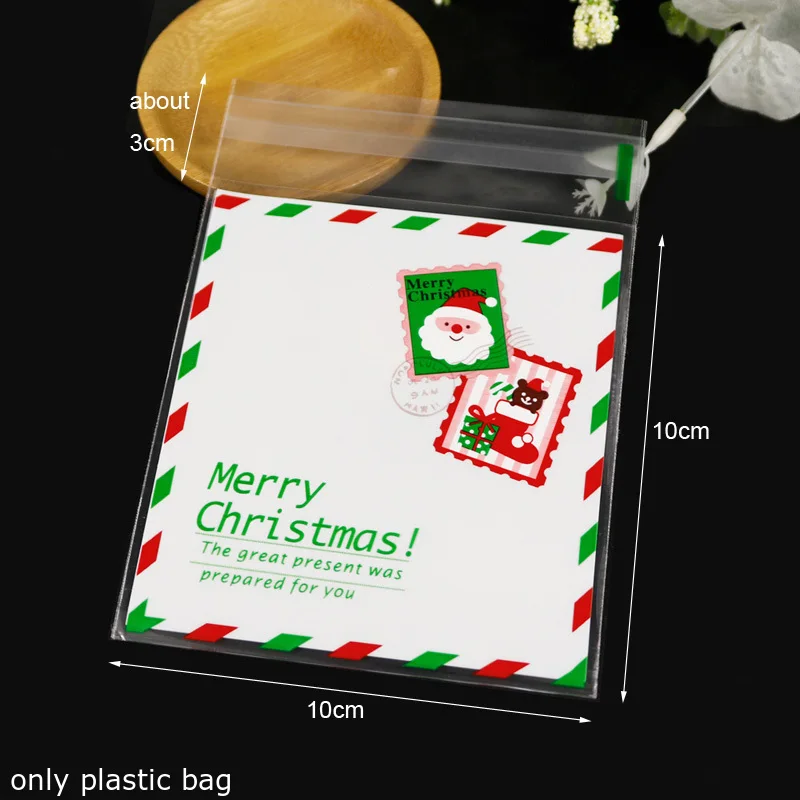 100 шт Счастливого Рождества Самоклеющиеся пластиковые пакеты для печенья конфеты мешки Санта-Клаус Снеговик пластиковые подарочные пакеты 10x10+ 3 см - Цвет: Stamp