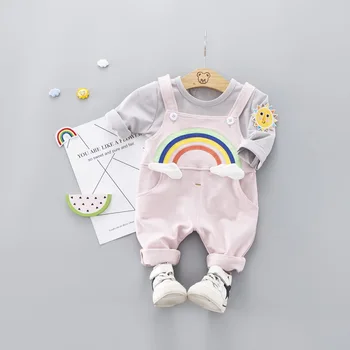 

Toddler Baby Girls Clothes Sets Spring Good Quality Infant Cotton Suits Rainbow T Shirt+Bib Pants Children Kids Suits
