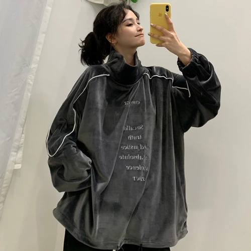 Серый Осень Зима moda feminina женская одежда свитшоты ins письмо водолазка casualHarajuku пуловер с длинными рукавами и толстовки - Цвет: Серый