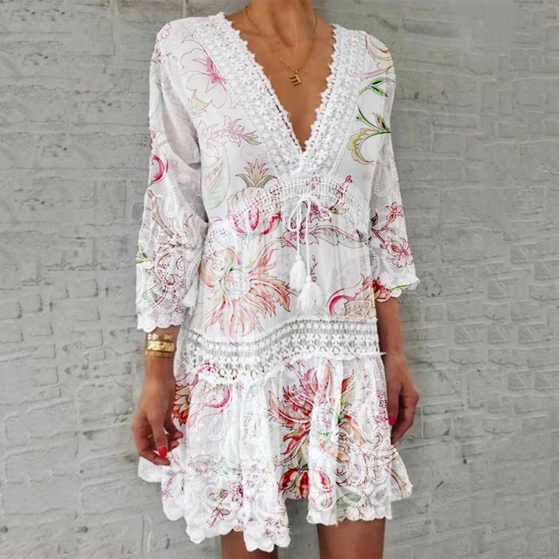 2021 Summer Women V Neck Floral Print Hollow Out Dress Ladies Three Quarter Sleeve Dress For Daily Wear Boho Style Ethnic Dress