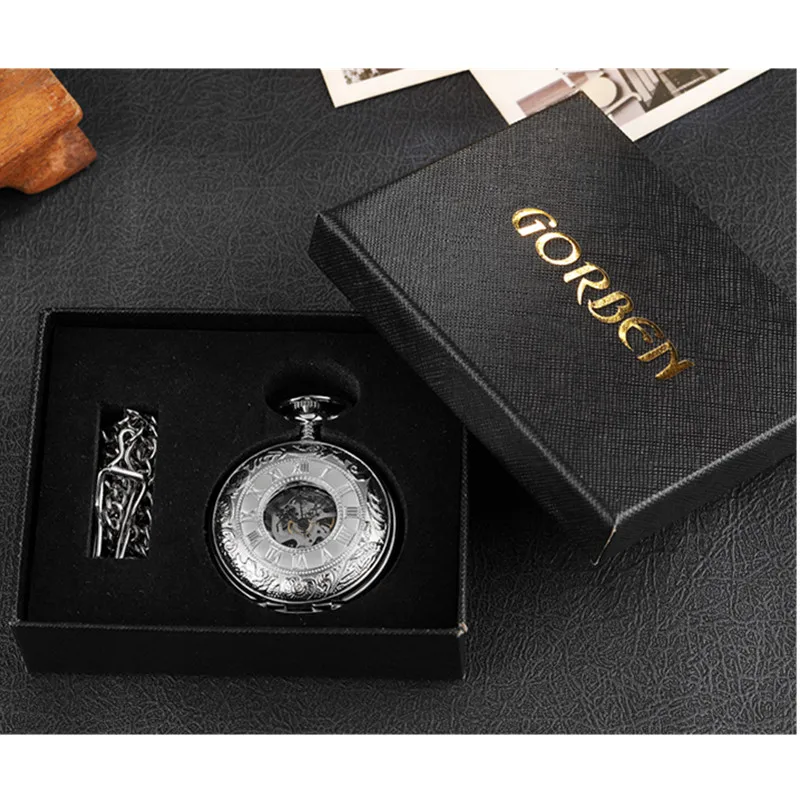 Gorben Fashion Silver Skeleton Transparent Mechanical Pocket Watch Antique Luxury Pendant Necklace Chain Unisex Gifts
