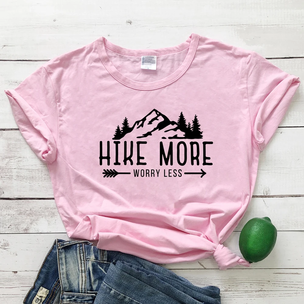 Wandern Sie mehr Sorgen, weniger T-sh Casual Unisex Kurzarm Grafik Wandern im Freien T-Shirts Tops lustige Frauen Sommer Camping634_voghion.com