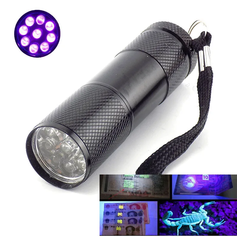Blacklight Mini Aluminum New Flashlight Torch Light Lamp UV Ultra Violet 9 LED 