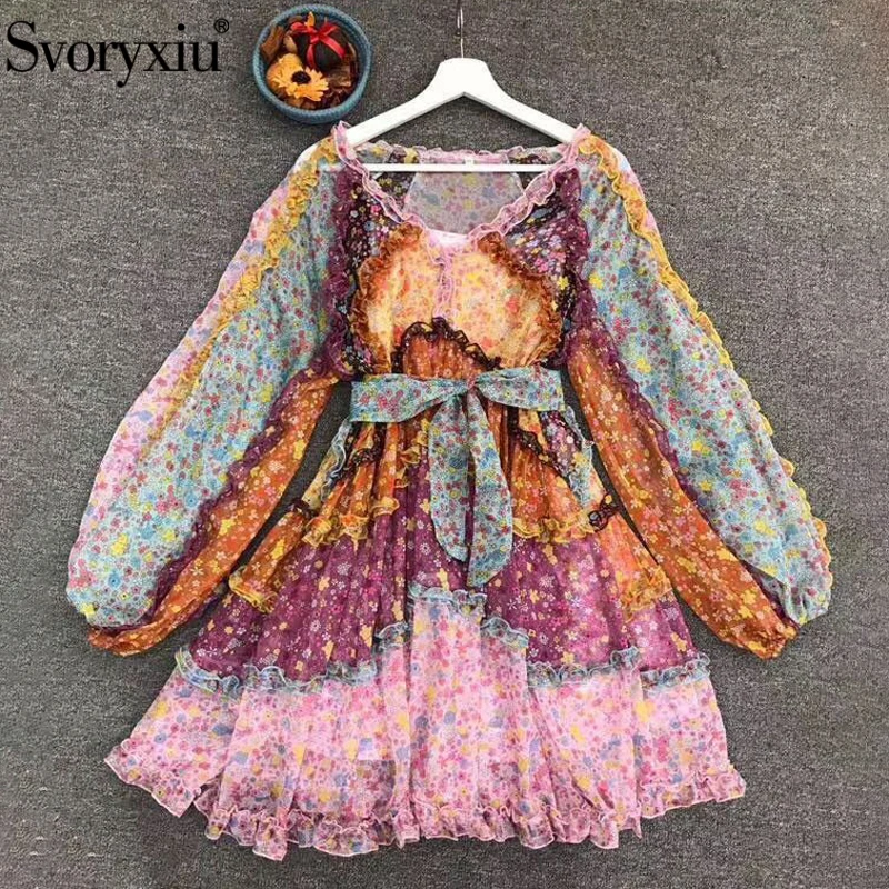 Svoryxiu Runway Designer Fashion Autumn Female Multicolor Floral Print V-Neck Dress Ladies Bow Belt Vintage Mini Dresses Svoryxiu Runway Designer Fashion Autumn Female Multicolor Floral Print V-Neck Dress Ladies Bow Belt Vintage Mini Dresses