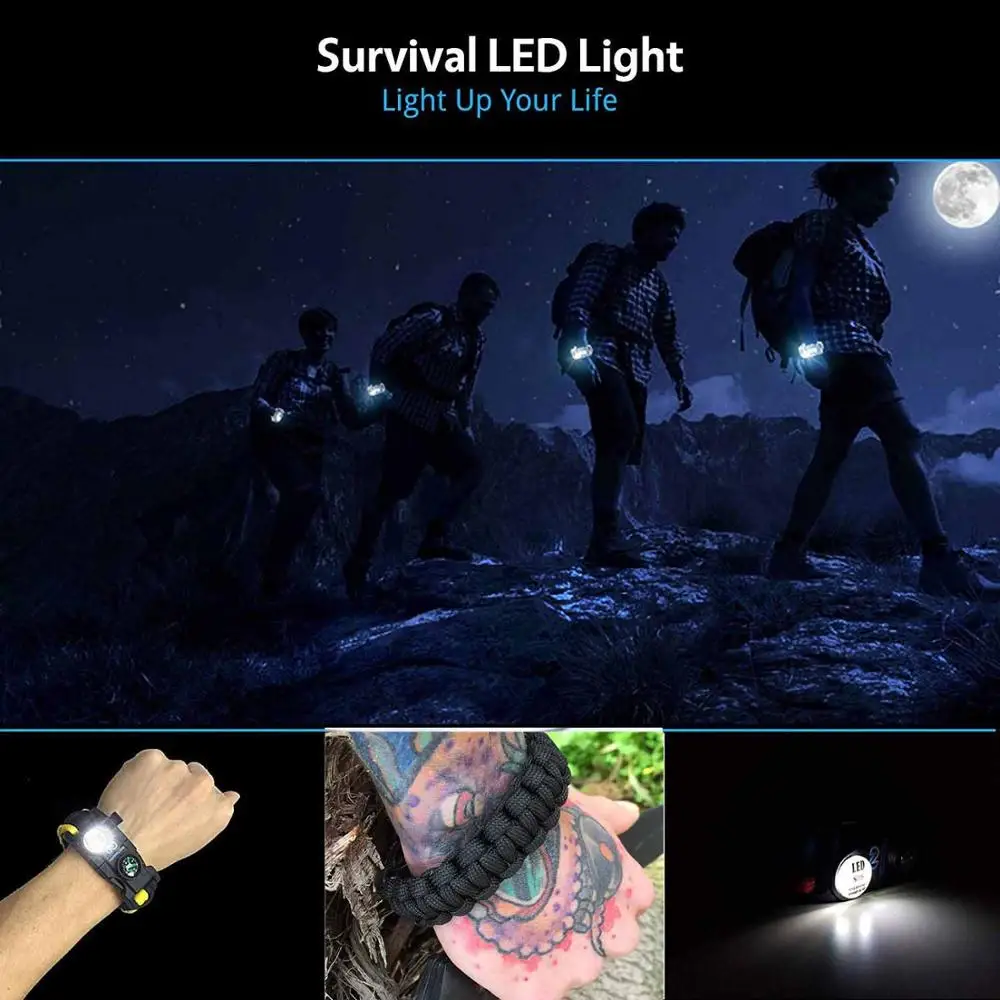 Outdoor Multifunctional Survival Bracelet Paracord Braided Rope Men Camping EDC Tool Emergency SOS LED Light Compass